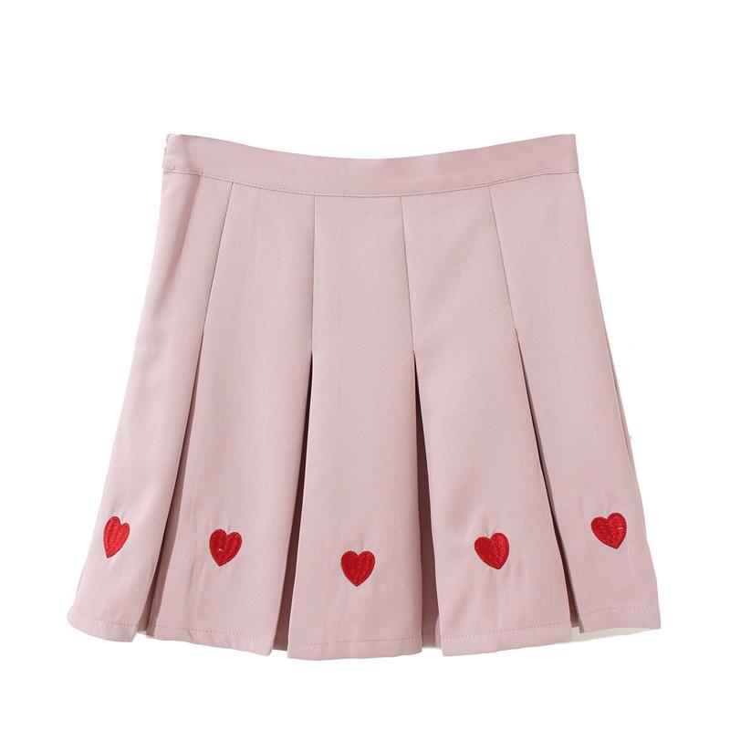 Sale Cute Hearts Embroidery Pleated Black Pink Aesthetic Skirt