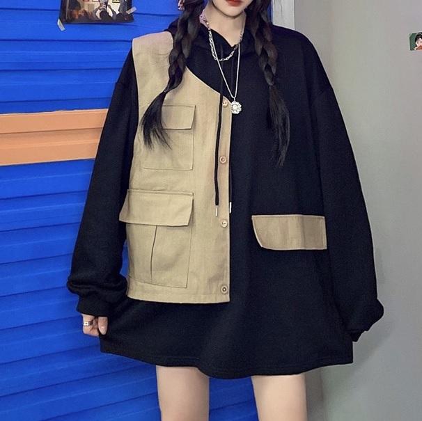 Sale Fake Khaki Vest Piece Oversized Hooded Black Sweatshirt