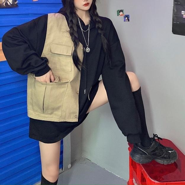Sale Fake Khaki Vest Piece Oversized Hooded Black Sweatshirt