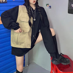 Sale Fake Khaki Vest Piece Oversized Hooded Black Sweatshirt