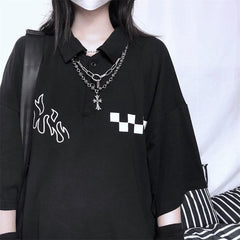 Sale Flames Checkered Print Polo Collar T-Shirt