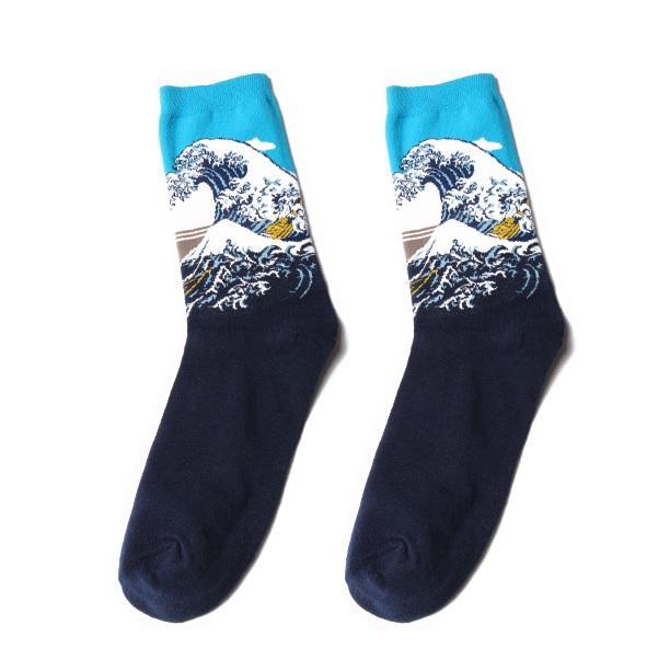 Sale Great Kanagawa Wave Art Print Cotton Knit Socks