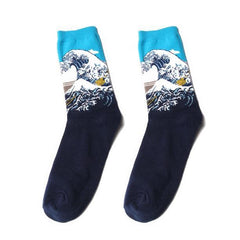Sale Great Kanagawa Wave Art Print Cotton Knit Socks