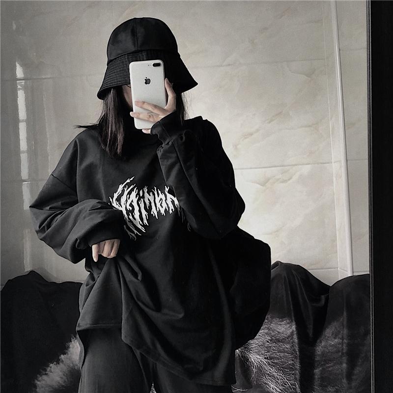 Sale Grunge Aesthetic Fire Flame Print Oversized Sweatshirt
