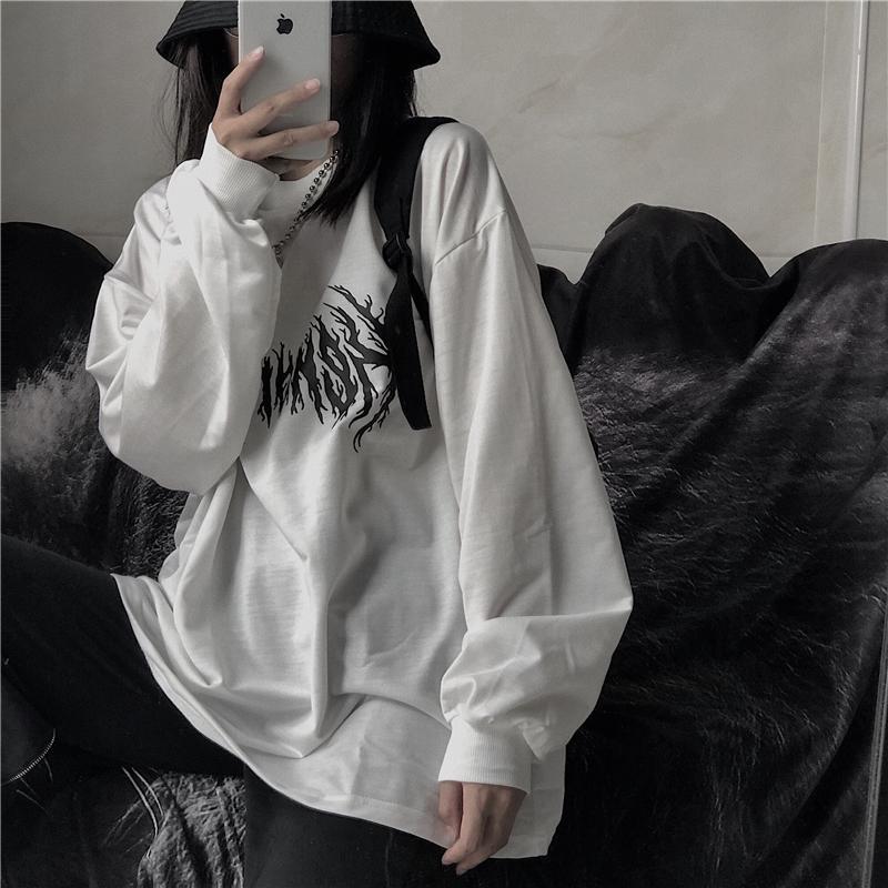 Sale Grunge Aesthetic Fire Flame Print Oversized Sweatshirt