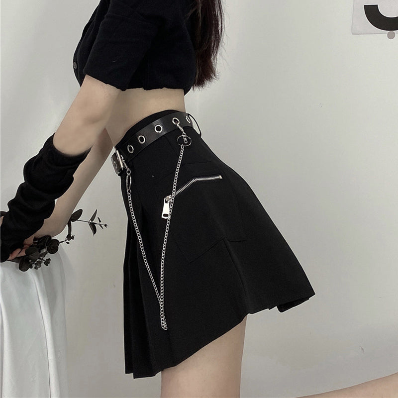 Sale Grunge Black High Waist Pleated Skirt With Chain Belt