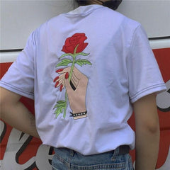 Sale Hand Hold Rose Embroidery Tshirt