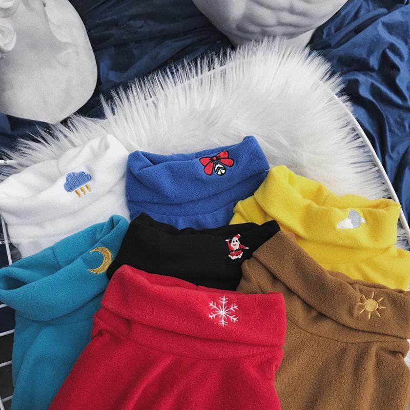 Sale High Neck Cute Embroideries Soft Fleece Blouse