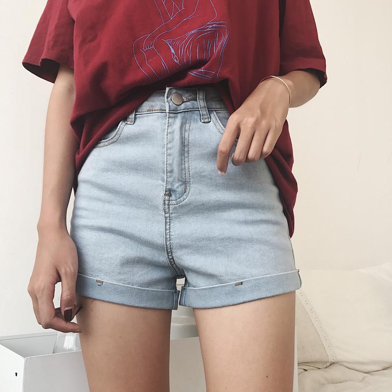 Venta de pantalones cortos vaqueros azules clásicos de cintura alta 