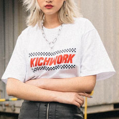Camiseta extragrande de algodón con letras y estampado de cuadros de Kichwork 
