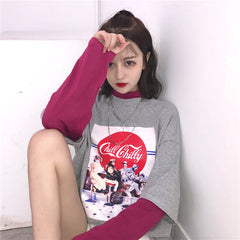 Sale Logo Print Fake Two Piece Loose Long Sleeve Shirt