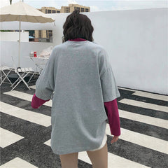 Sale Logo Print Fake Two Piece Loose Long Sleeve Shirt