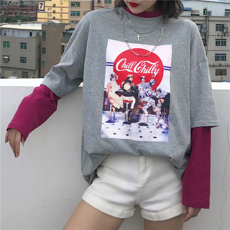 Sale Logo Print Fake Two Piece Loose Long Sleeve Shirt