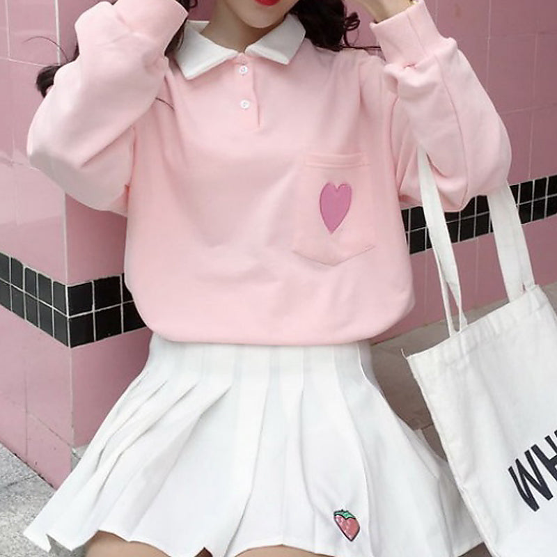 Sale Pastel Aesthetic Heart Embroidery Collared Loose Sweatshirt