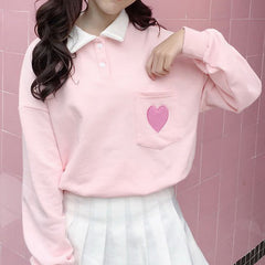 Sale Pastel Aesthetic Heart Embroidery Collared Loose Sweatshirt