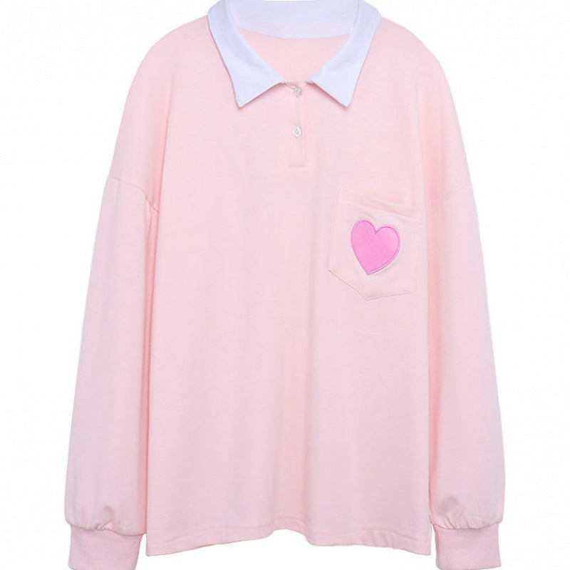 Sale Pastel Aesthetic Heart Embroidery Collared Loose Sweatshirt