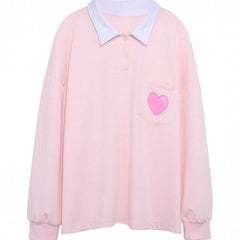 Sale Pastel Aesthetic Heart Embroidery Collared Loose Sweatshirt