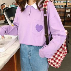 Sale Pastel Aesthetic Heart Embroidery Collared Loose Sweatshirt