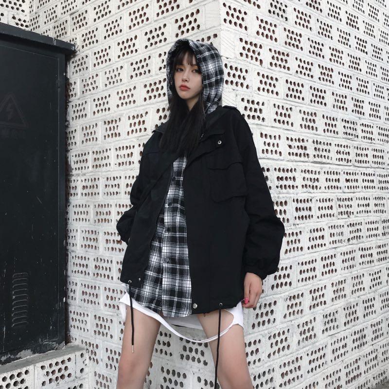 Sale Plaid Hood Fake Two Piece Korean Fashion Loose Jacket