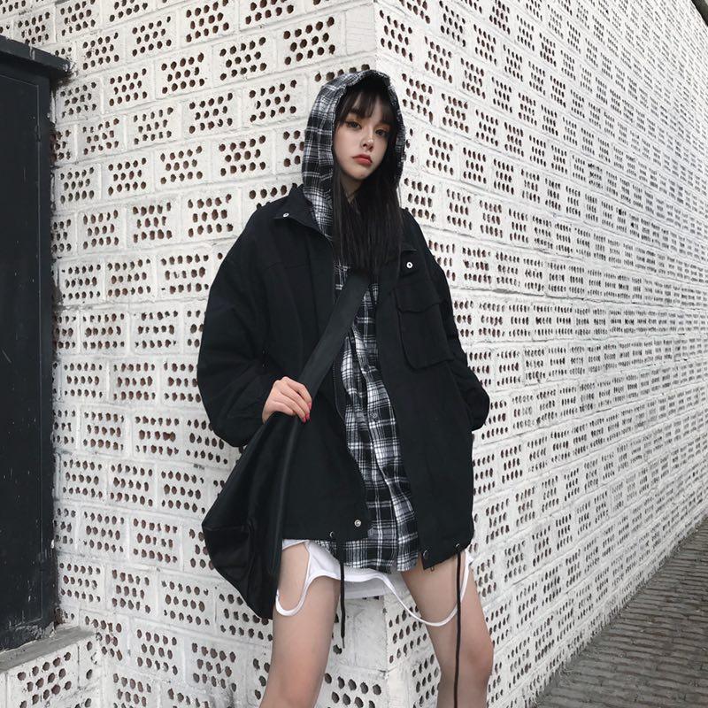 Sale Plaid Hood Fake Two Piece Korean Fashion Loose Jacket