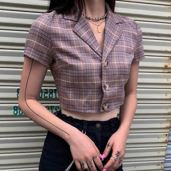 Sale Plaid Lapel Collar Brown Crop Top