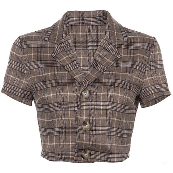 Sale Plaid Lapel Collar Brown Crop Top