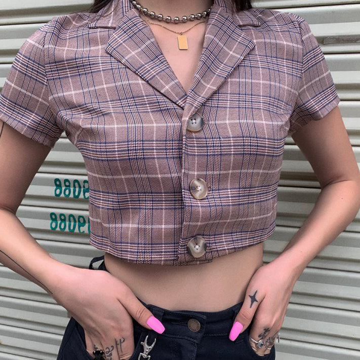 Sale Plaid Lapel Collar Brown Crop Top