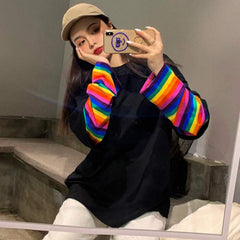 Sale Rainbow Stripes Sleeves Black White Sweatshirt