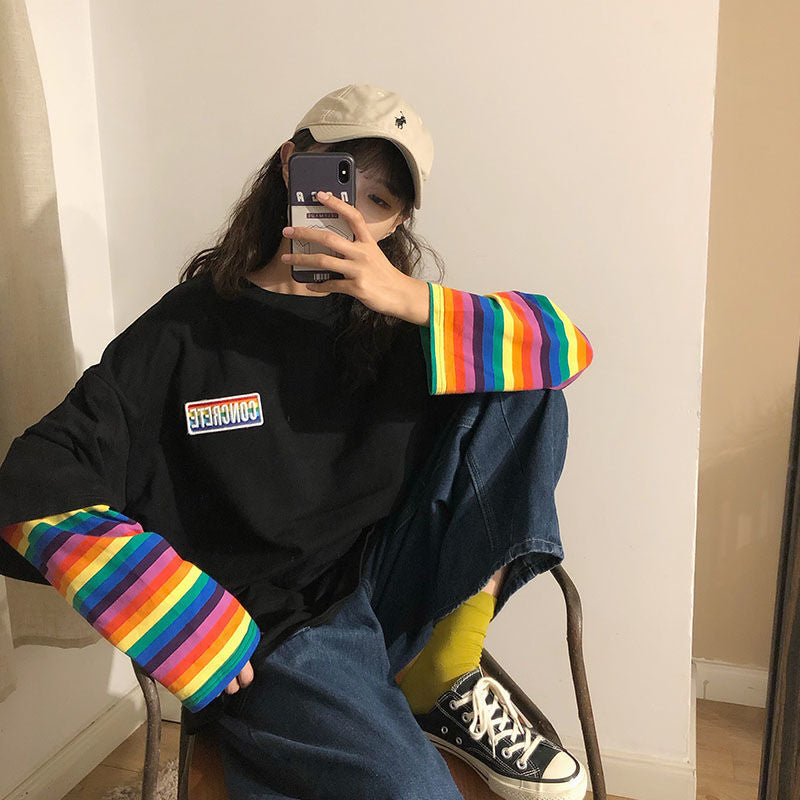 Sale Rainbow Stripes Sleeves Black White Sweatshirt