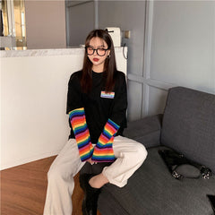 Sale Rainbow Stripes Sleeves Black White Sweatshirt