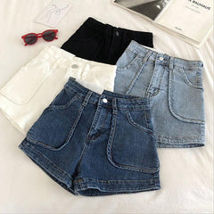Venta de pantalones cortos vaqueros retro de cintura alta con bolsillos grandes