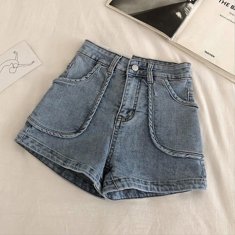 Venta de pantalones cortos vaqueros retro de cintura alta con bolsillos grandes