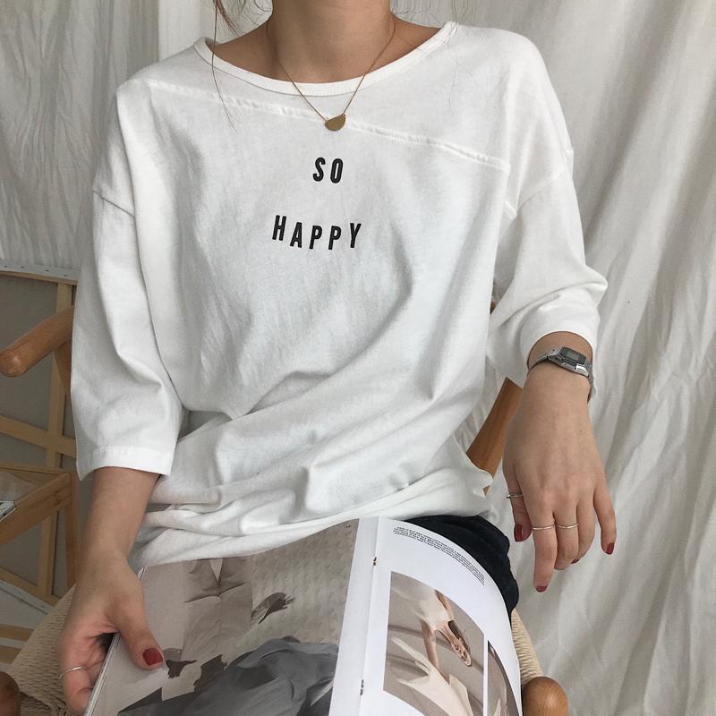 Sale So Happy Letters Print Long Sleeve Cotton Summer Shirt