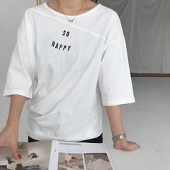 Sale So Happy Letters Print Long Sleeve Cotton Summer Shirt