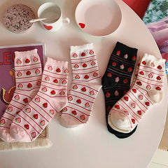 Sale Sweet Strawberry Thin Stripes Curly Edge Socks
