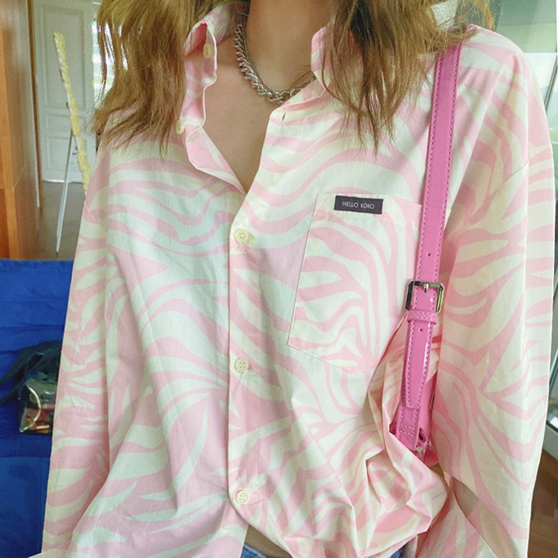 Sale Tie Dye Pink Waves Collar Long Sleeve Shirt