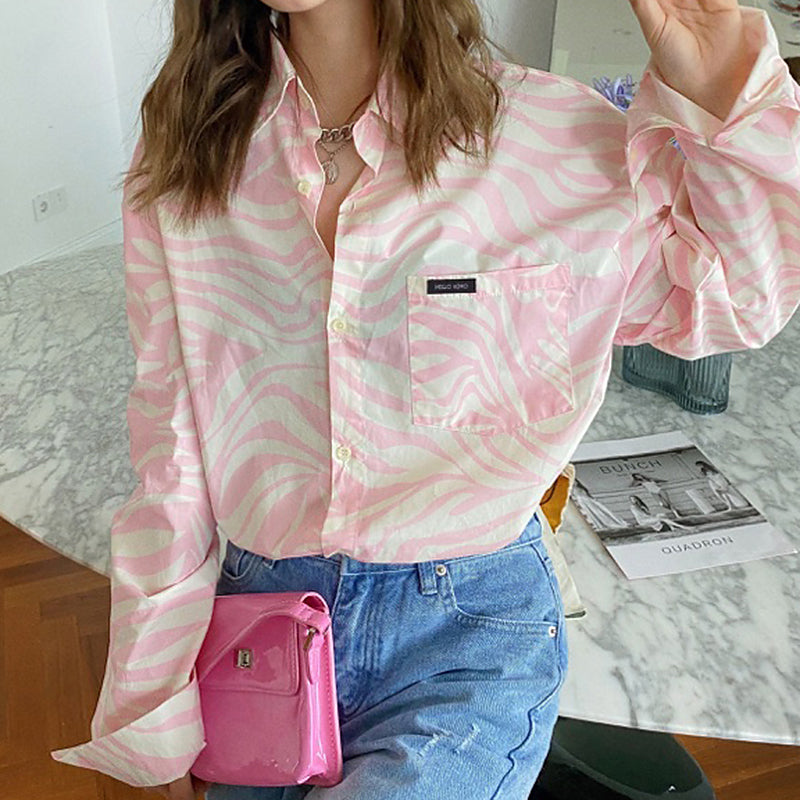 Sale Tie Dye Pink Waves Collar Long Sleeve Shirt