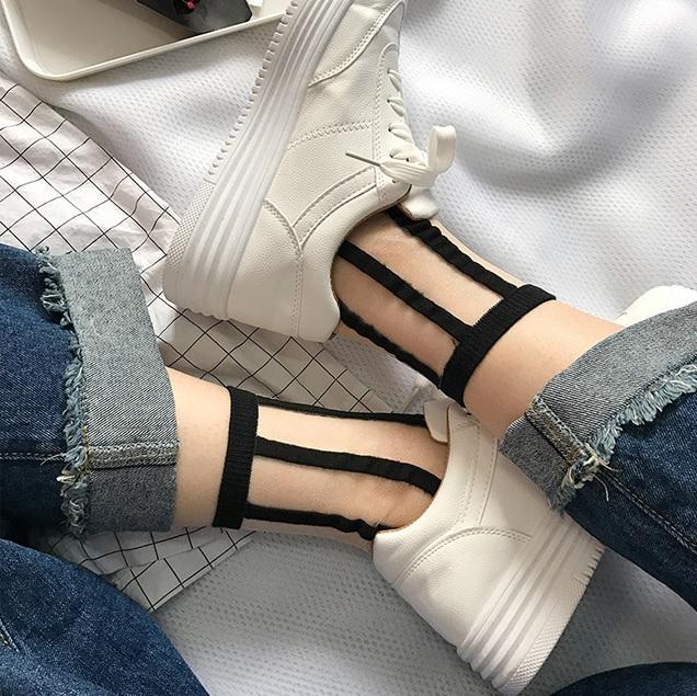 Sale Transparent Thin Style Black Knit Details Socks