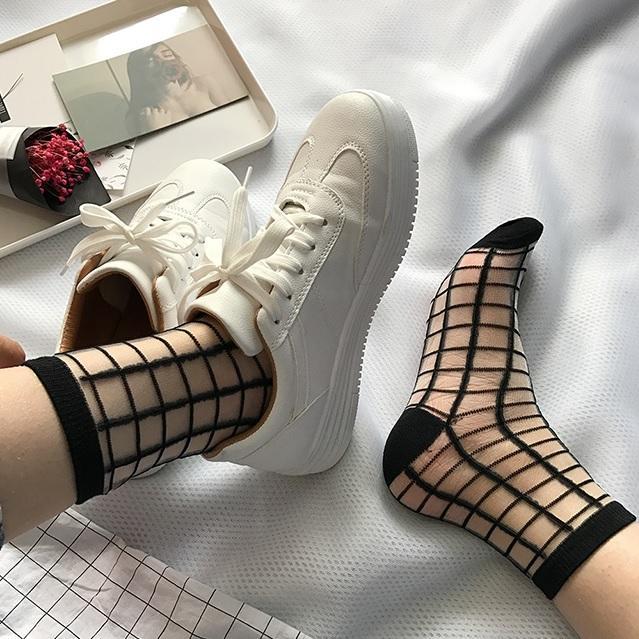 Sale Transparent Thin Style Black Knit Details Socks