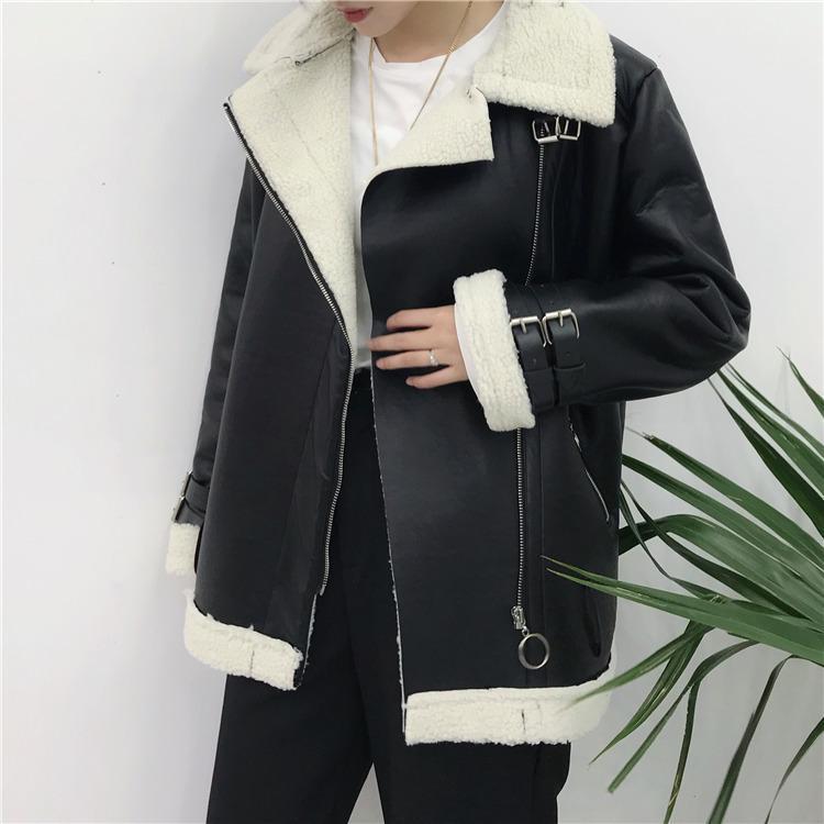 Sale White Faux Fur Leather Zipper Motorcycle Warm Outwear Jacket