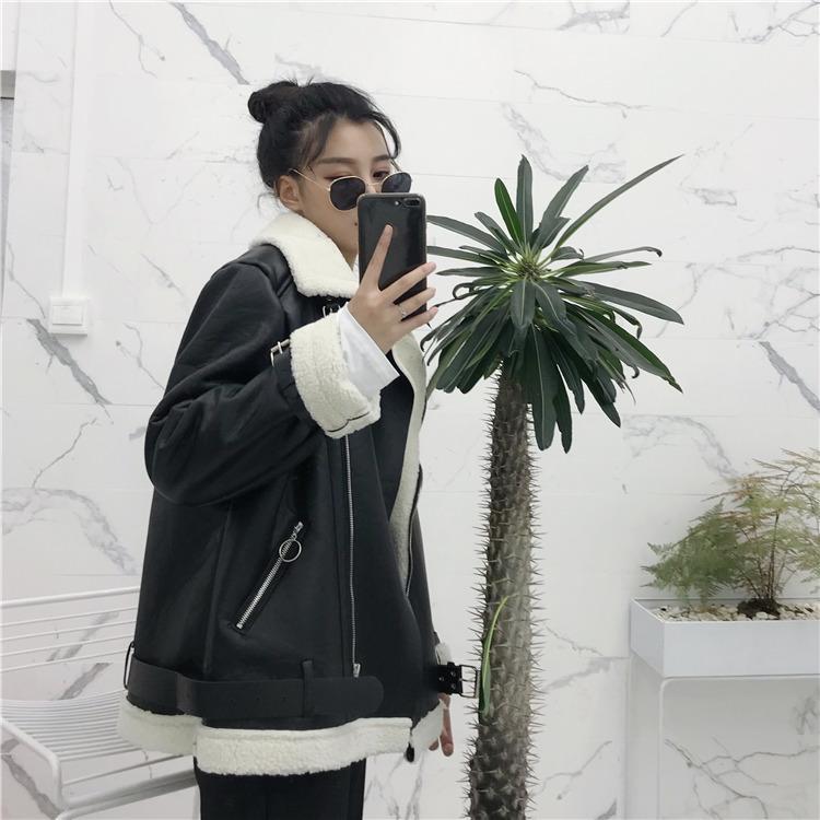 Sale White Faux Fur Leather Zipper Motorcycle Warm Outwear Jacket