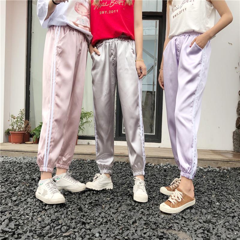 Satin Shiny Pastel Colours Side Sport Stripes Elastic Pants