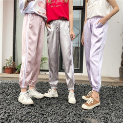 Satin Shiny Pastel Colours Side Sport Stripes Elastic Pants