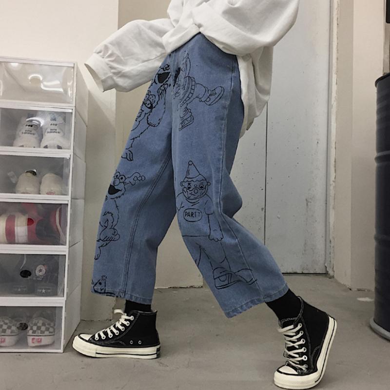 Sesame Street Cartoon Printed Blue Loose Straight Jeans