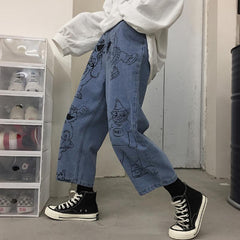 Sesame Street Cartoon Printed Blue Loose Straight Jeans