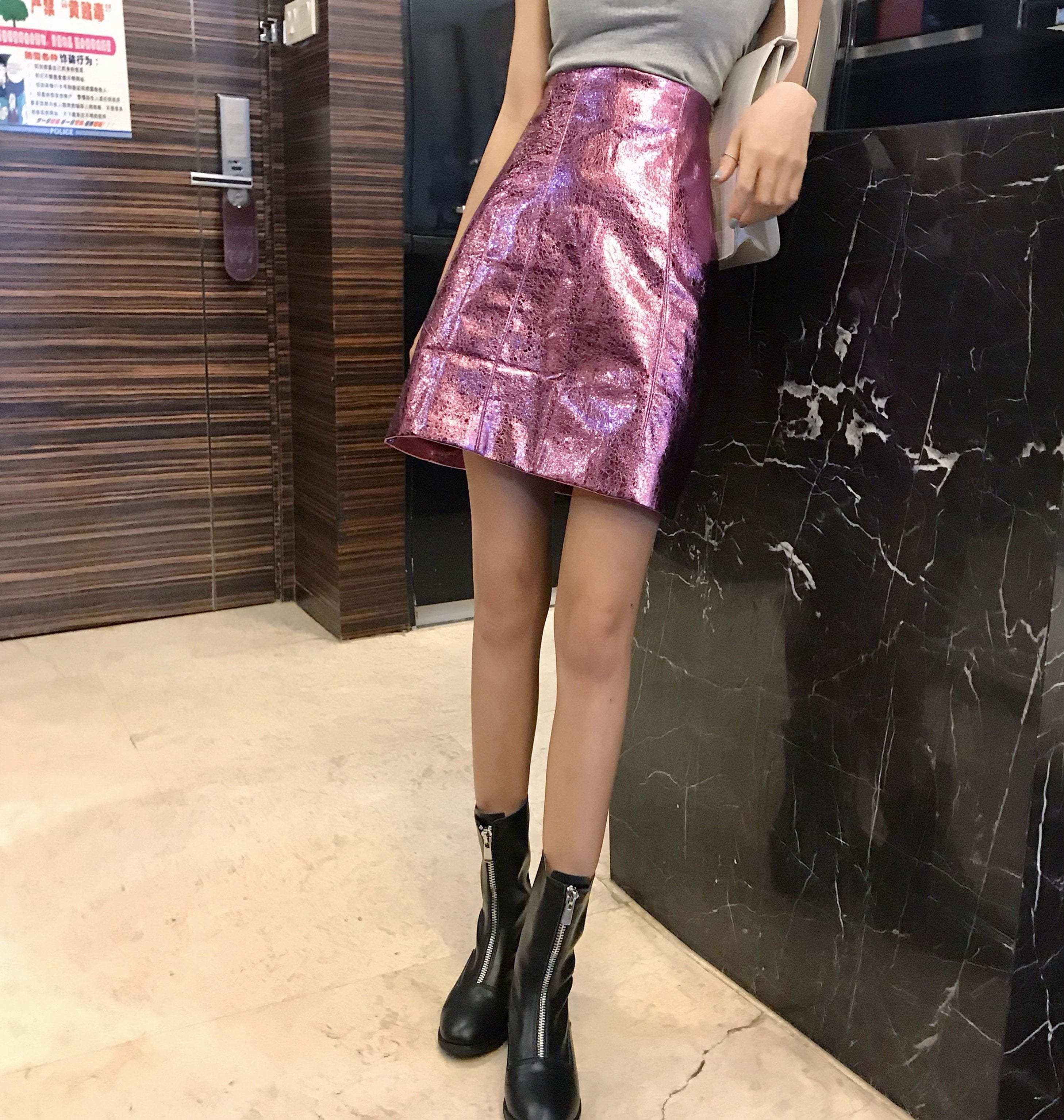 Shiny Party Pink High Waist Metallic Skirt