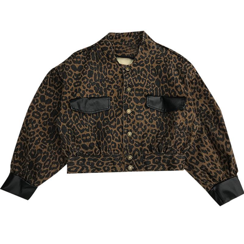 Short Leopard Print Buttons Leather Stylish Jacket