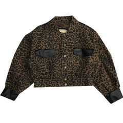 Short Leopard Print Buttons Leather Stylish Jacket