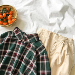 Short Plaid Green Red Buttons Short Sleeve Shirt