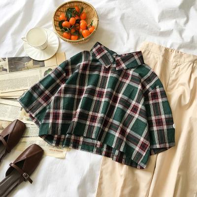 Short Plaid Green Red Buttons Short Sleeve Shirt